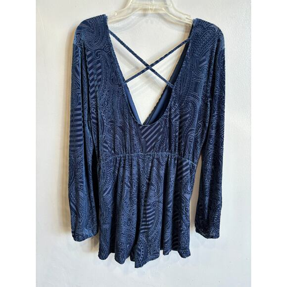 Ecote Anthropologie Burned Velvet Romper Womens Size Medium Blue Boho Chic New - Picture 6 of 6